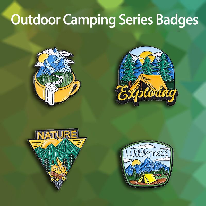 Custom enamel camping badges with tents, mountains, and nature themes – CustomBlitz.