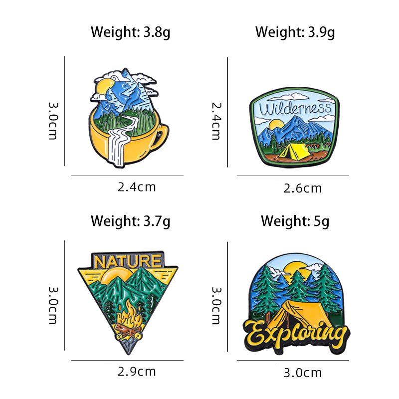 Set of four outdoor-themed pin badges featuring campfire, forest, and sunrise – CustomBlitz.